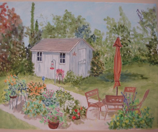 GARDEN  SHED  AT  CROSSWICKS, N.J.__________________Done at a plein air event, and now  hanging in the home of dear friends.